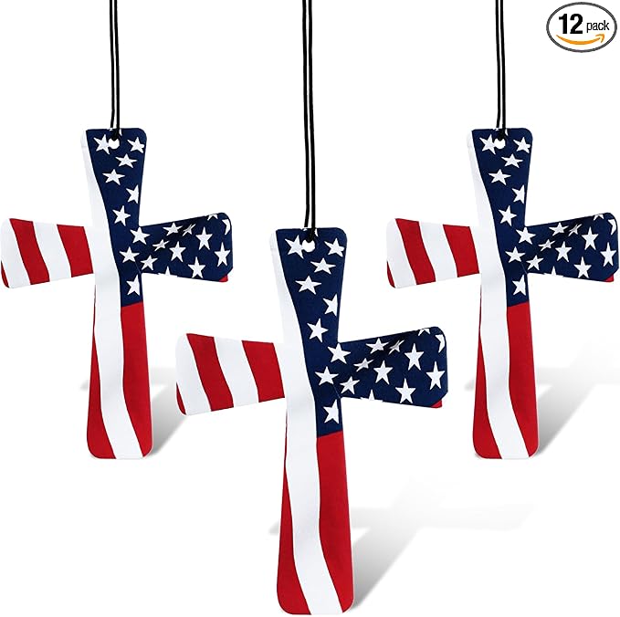 12 Pcs Christian Gift Bulk Cross Air Fresheners Religious Hanging Cross Air Freshener for Car Closet Drawer Books Decor Jesus Christian USA Flag Ornament Accessories Gifts for Men Church Faith