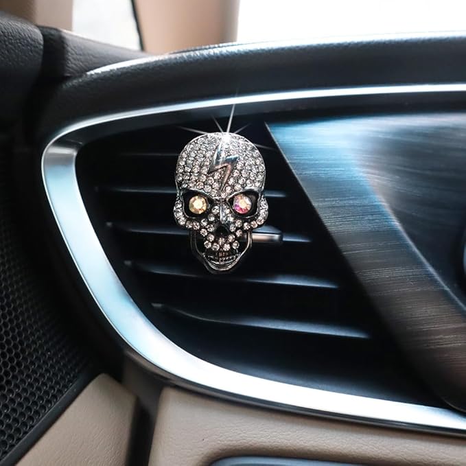 Skull Car Decor 2pcs Bling Skull Car Air Fresheners Vent Clips Black Silver Lightning Skeleton Goth Accessories for Teens Horror Refillable Essential Oil Diffusers