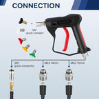 Short Pressure Washer Gun with 1/4" Quick Connector, 4350 PSI High Pressure Washer Gun with 5 Spray Nozzle Tips, 3/8'' Male Plug and M22-14/15mm Fittings, Power Washer Gun Compatible with Foam Cannon