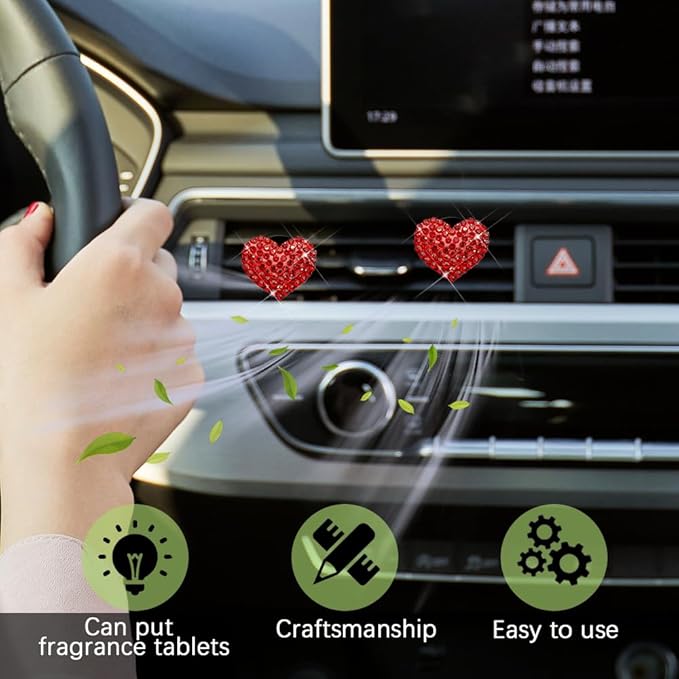 2PCS Bling Heart Air Vent Clips, Heart Car Accessories, Bling Heart Charm Air Conditioning Outlet Clip, Car Interior Decor Air Fresheners Vent Clips Universal Fit for Women and Girls (Red)