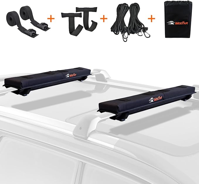 Universal Car Soft Roof Rack Pads Luggage Carrier System for Kayak Surfboard SUP Canoe Include 2 Heavy Duty Tie Down Straps, 2 Tie Down Rope, 2 Quick Loop Strap (Use with Cross Bar)