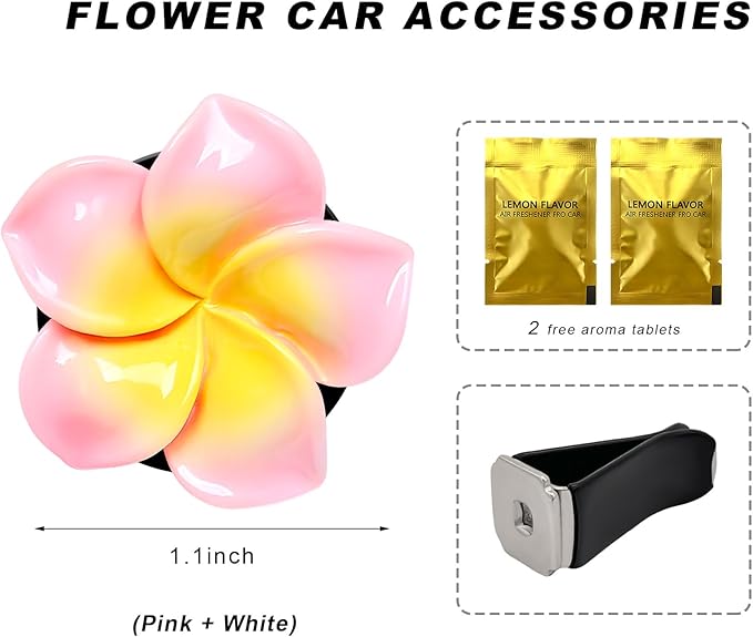 2PCS Flower Car Air Vent Clips, Cute Plumeria Automotive Air Fresheners Vents Clips Decoration, Girly Flower Auto Perfume Diffuser Decor Charm for Women (White+Pink)