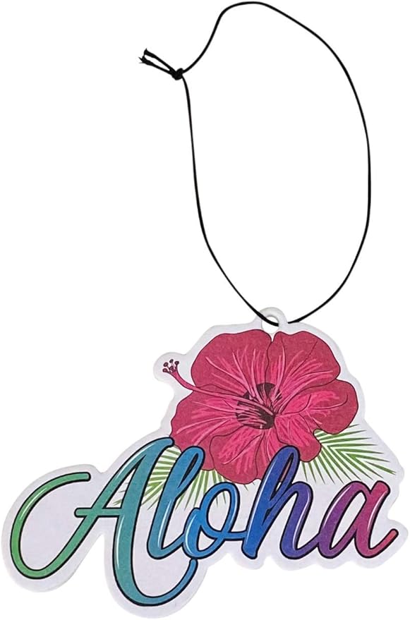 Aloha Designs 3 Pack Aloha Hawaii Hibiscus Long Lasting Coconut Air Freshener and 2 Aloha Stickers | Decorative Hawaiian Tropical Scented Hanging Air Freshener With Island Vibe For Car, Closest, Home,