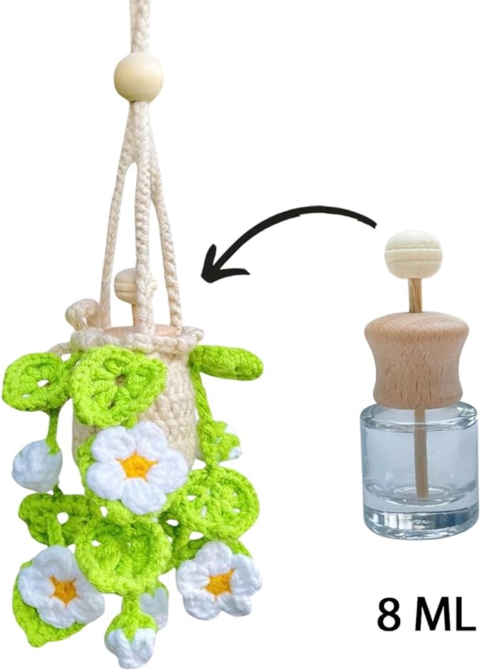 Handmade Crochet Hanging Essential Oil Diffuser Plant for Car Air Freshener | Cute Décor Knitted Succulent Fresheners for Refillable Scent Oils Holder Deffusers (Daisy)