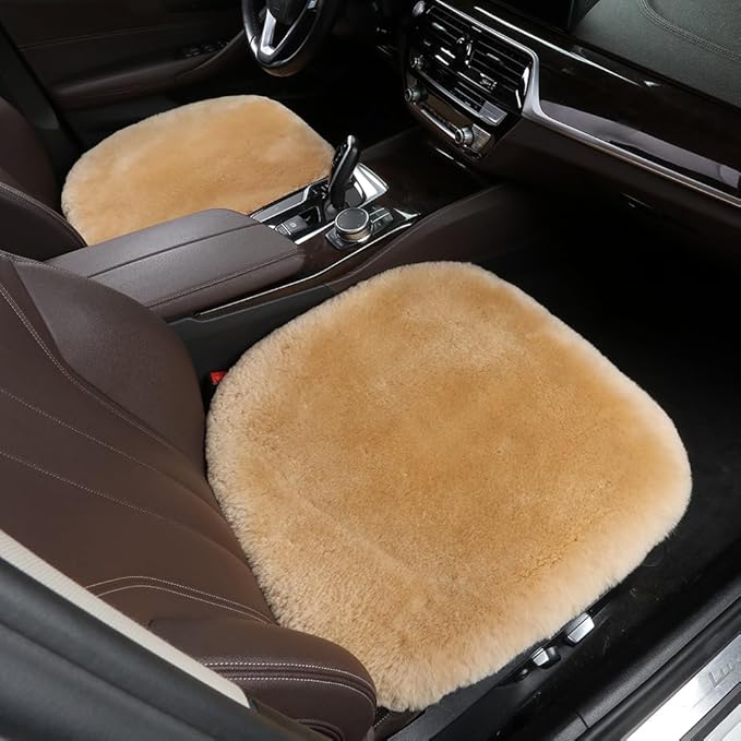OGLAND Fluffy Genuine Australia Sheepskin Car Seat Cover for Auto Interior Accessories with Soft Fuzzy Wool Eco-Friendly Natural Fur Non-Slip (Honey Beige, Front 20 * 20inchs)