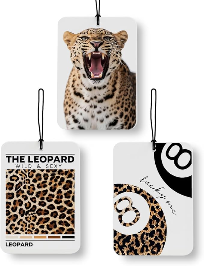 Trendy Retro Cheetah Print 3 Pcs, Funky Y2k Leopard Print 8 Ball Air Freshener Hanging Decor for Cars Closet Drawer Books Accessories Gifts