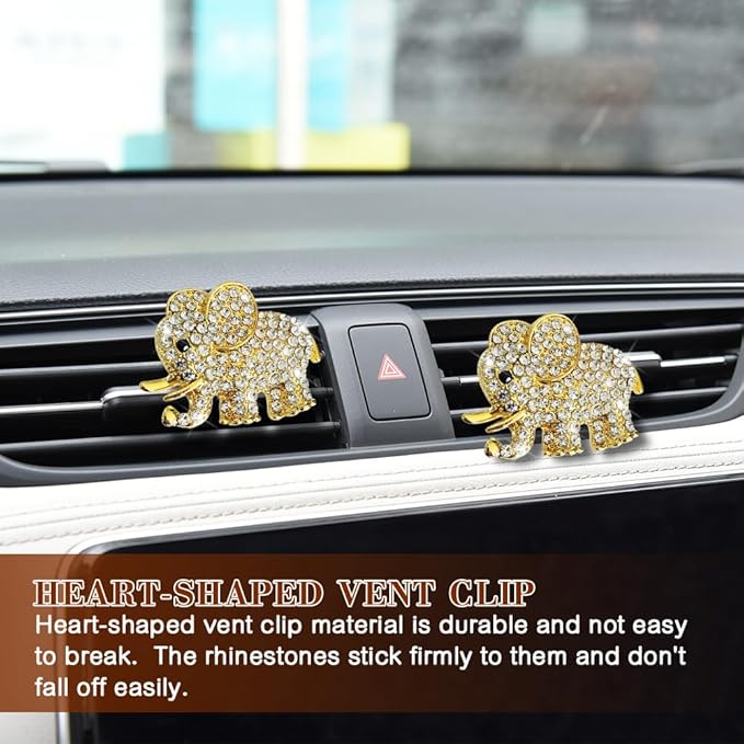 2PCS Elephant-Shaped Car Vent Clips with Rhinestone, Car Vent Accessories, Elephant Design Auto Air Freshener Diffuser, Rhinestone Air Conditioner Outlet Clips for Women Girls (Gold, Elephant)