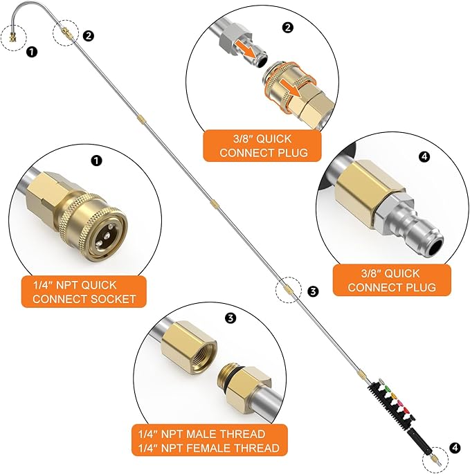 Sealegend Pressure Washer Extension Wand with 6 Spray Nozzle Tips for Gutter Cleaning up to 9FT, Upgrade Power Washer Lance with 30°, 90°, U-shaped Curved Rod, 1/4" Quick Connect, 4000 PSI