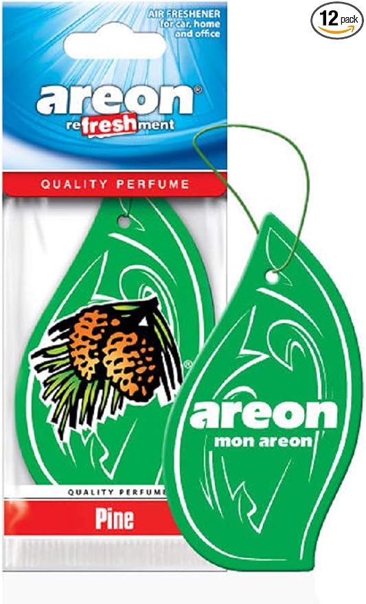 AREON MON MA08 Hanging Best Car Air Freshener Pine Scent, Paper Hanging Ornaments, Long Lasting Scent for Car or Home 12 Pack