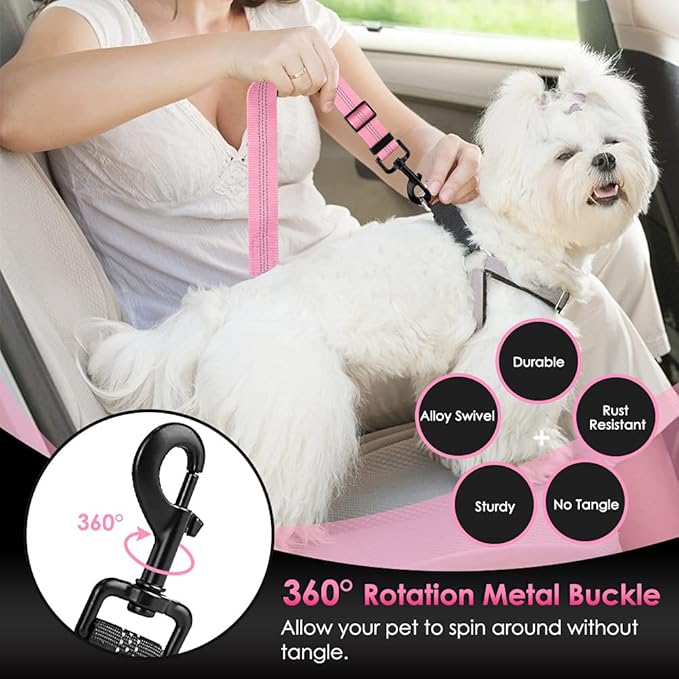 SlowTon Dog Seat Belt for Car, Adjustable 3 in 1 Dog Seatbelt with Elastic Bungee Buffer, Nylon Heavy Duty Dog Car Harness Reflective Safety Tether Leash with Latch Hook Clip Pink