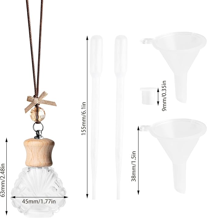 6 Pack Leak-Proof Hanging Car Diffuser - 8ml Refillable Empty Bottles with Wood Caps, 3 Funnels & 2 Droppers - Essential Oil Air Freshener for Car, Home or Office (6, Seashell)