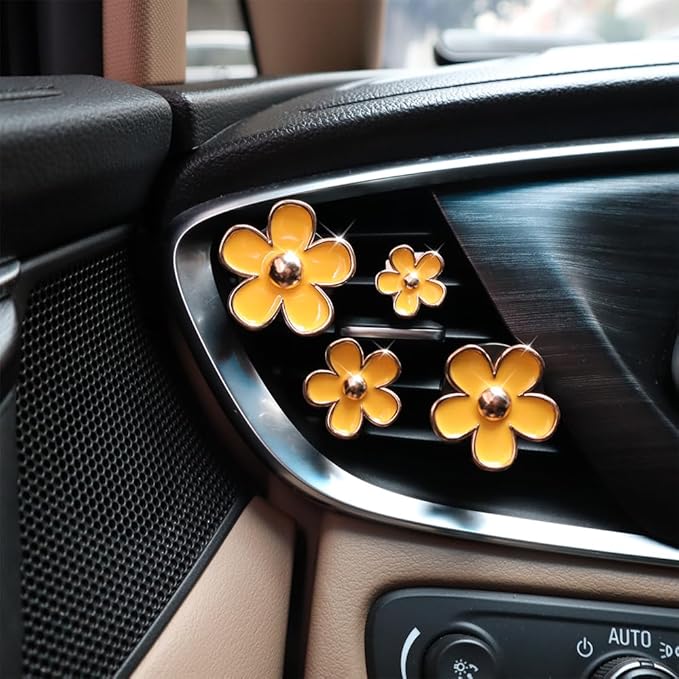 Flowers Air Vent Clips,Daisy Car Air Freshener,4pcs Yellow Flower Car Accessories for Women,Lavender Scent,Dashboard Decorations,Refillable Clips On Air Freshener