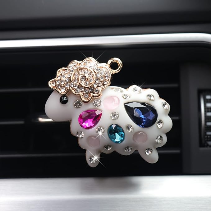 HungMieh 1PCS Bling Car Accessories for Women, Rhinestone Car Décor Interior, Car Charm Air Vent Clip with Pads for Fragrance (Sheep White)