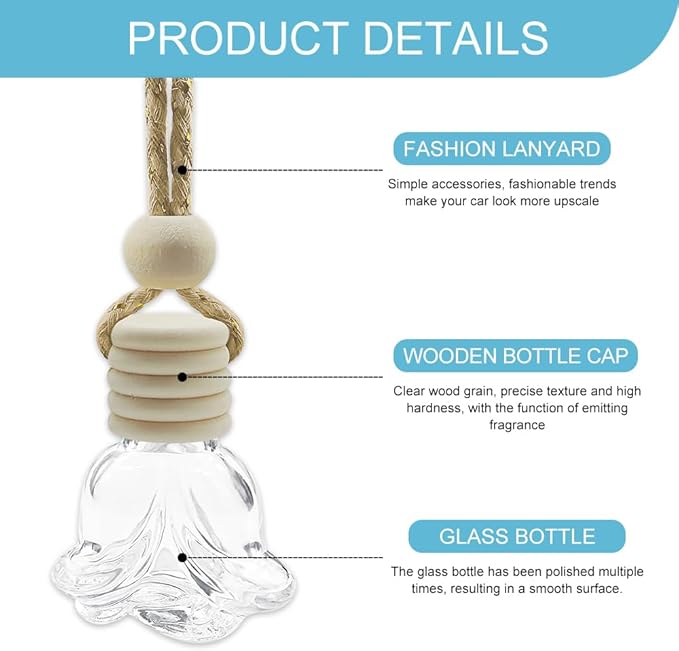 5PCS Hanging Car Air Freshener, Car Air Freshener Diffuser, 8ml Empty Glass Auto Oil Perfume Aromatherapy Diffuser Charms, Refillable Perfume Bottles for Most Vehicles (Rose, Style 1)