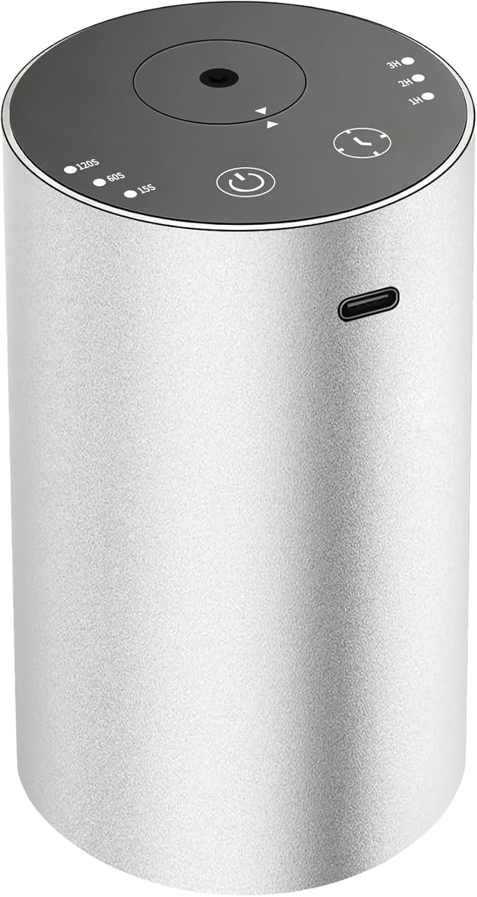 URPOWER Waterless Essential Oil Diffuser: No Water Needed Battery Operated Scent Diffuser - Cordless & Mini Essential Oil Machine Aluminum for Car Home Office(Silver)