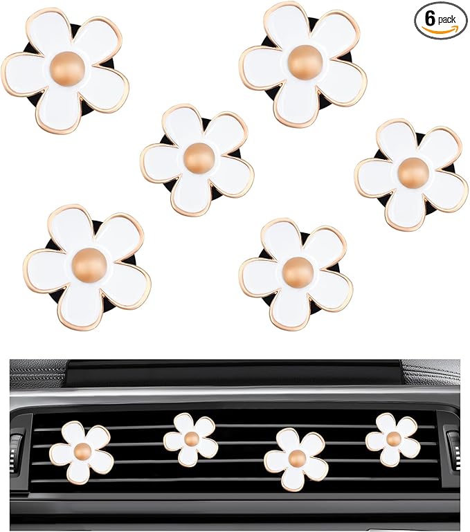 6PCS Car Air Vent Clip, Daisy Flower Auto Scents Air Freshener Clip with 6 Fragrance Piece, Decorative Auto Air Conditioning Clip for Women Girl, Universal Car Accessories (White)