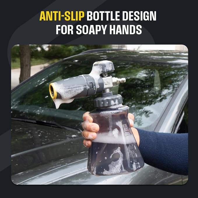 Active Foam Cannon with ¼ inch quick connector for Electric and Gas Pressure Washers. Wide-mouth bottle and variable spray to generate thick snow foam spraying for home DIY car wash & detailing.