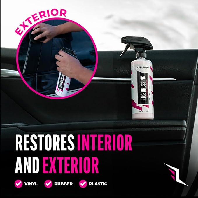 Legendary Gloss Dressing 16oz - Tire Shine Spray & Plastic Restorer – Water Based Tire Shine & Non-Greasy Interior/Exterior Detailing Spray - Trim, Rubber, Vinyl & Plastic Restorer for Cars