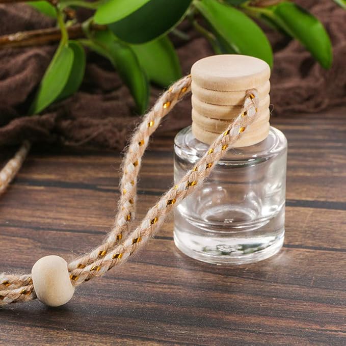 10 Pcs 8ml Hanging Car Air Freshener,Empty Clear Glass Cylindrical Essential Oil Diffuser Perfume Aromatherapy Pendant Bottle Vials With Wooden Caps & Hanging String-FREE 1 Funnel&Dropper