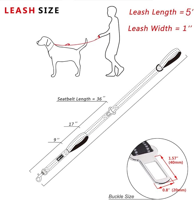 PoyPet 5 Feet Heavy Duty Dog Leash - Car Seat Belt - 2 Handles -Padded Traffic Grip for Extra Control(Pink)