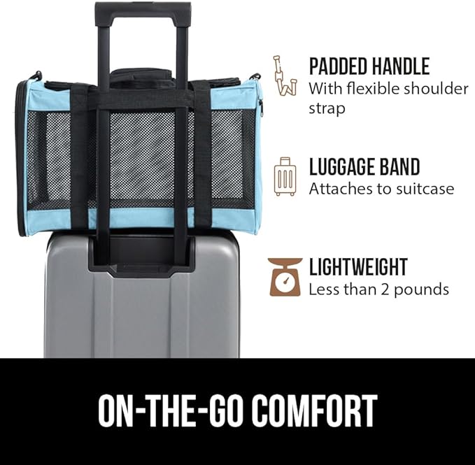 GORILLA GRIP Cat Carrier Travel Bag Up to 15 Lbs, Soft Collapsible Small Dog Carriers, Top and Side Entry Breathable Mesh, Grip Feet on Underside, Cozy Washable Waterproof Pad, Portable Kennel, Blue