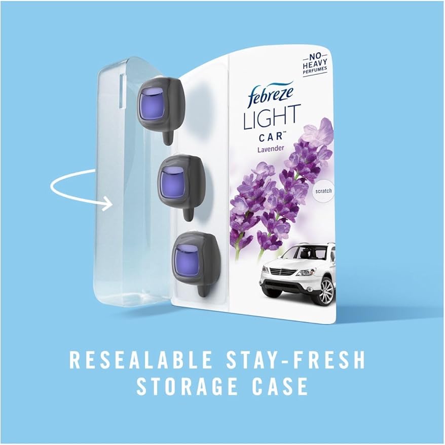 Febreze LIGHT Odor-Fighting Car Freshener Vent Clip Lavender, 06 oz, Pk of 3 and Storage Case, Beige