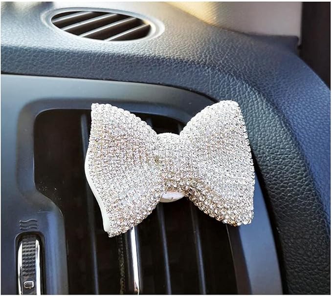 1 Pc Bling Crystal Car Bow-knot Air Vent Fragrance Sparking Rhinestone Car Diffuser Air Freshener with Vent Clip - White