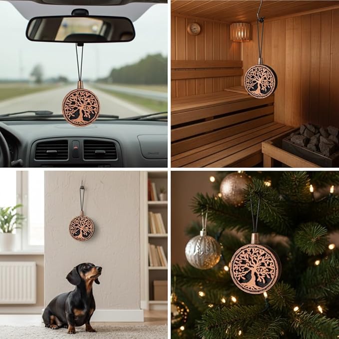 Wood Car Air Freshener — Handmade Car Air Freshener — Tree Of Life Designed Fragrance Oil Diffuser in Wooden Gift Box — Aromatherapy Gift Set with Mountain Rain Fragrance Oil - 10 ml