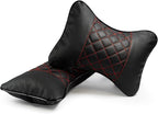Set of 2 Quilted Faux Leather Car Headrest Pillow, Black Case/Red Threading, Ergonomic Neck Support for Comfortable Driving (Black Base/Red Thread)