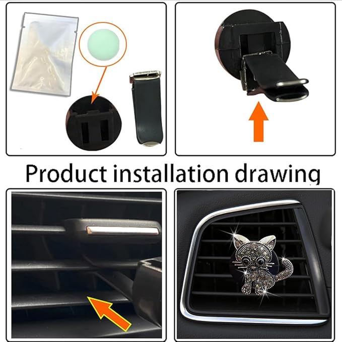 Cute Diamond Cat Air Vent Clip Air Conditioning Outlet Clip Car Air Freshener Clip Charm Car Inter Decor Accessories (Grey)
