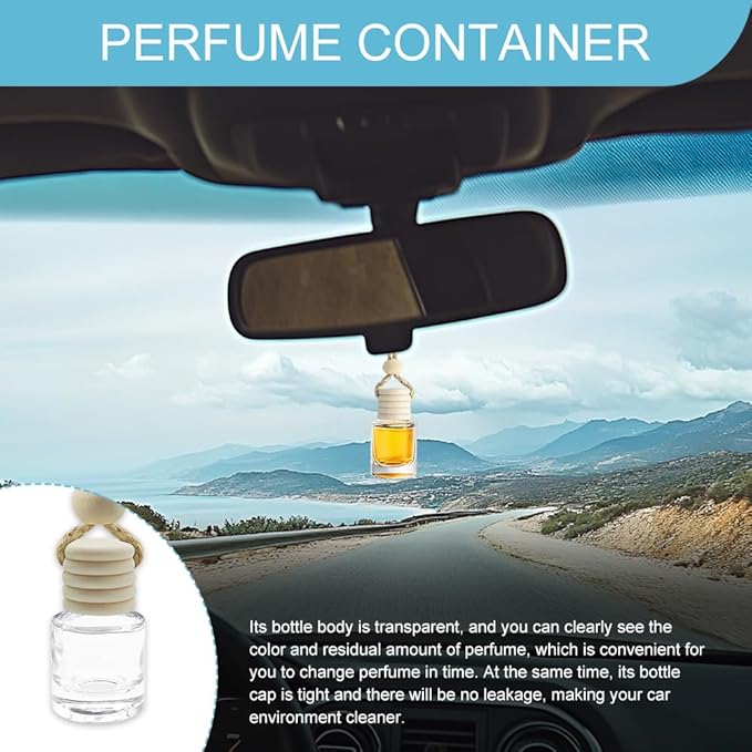 5PCS Hanging Car Air Freshener, Car Air Freshener Diffuser, 8ml Empty Glass Auto Oil Perfume Aromatherapy Diffuser Charms, Refillable Perfume Bottles for Most Vehicles (Cylindrical, Style 1)