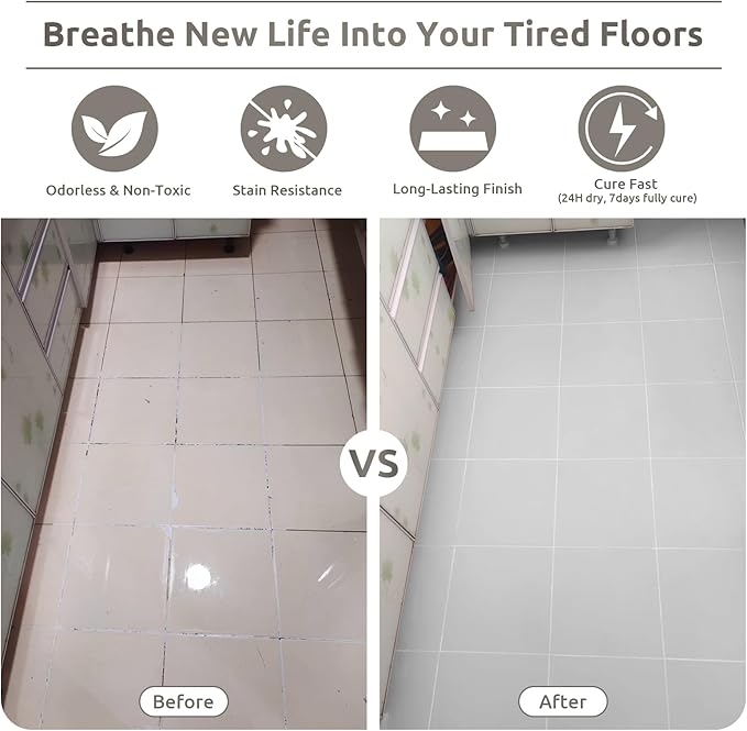 All-In-One Interior Floor Coating Kit, Water-based & Low Odor One-Step Floor Paint, High Hardness Waterproof Paint for Ceramic, Porcelain, Fiberglass, Hardwood, Laminate, Vinyl, 35OZ, Light Grey