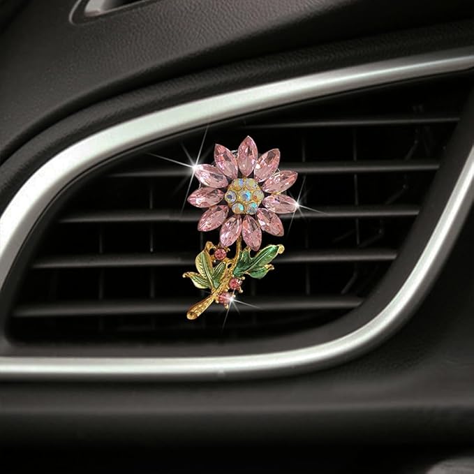 Bling Sunflower Air Vent Clips, Sunflower Car Air Fresheners Vent Clips Car Diffuser Diamond Car Decoration Rhinestone Car Interior Decor (Pink)