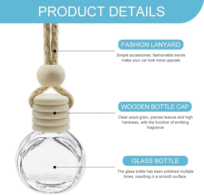 5PCS Hanging Car Air Freshener, Car Air Freshener Diffuser, 8ml Empty Glass Auto Oil Perfume Aromatherapy Diffuser Charms, Refillable Perfume Bottles for Most Vehicles (Oblateness, Style 1)