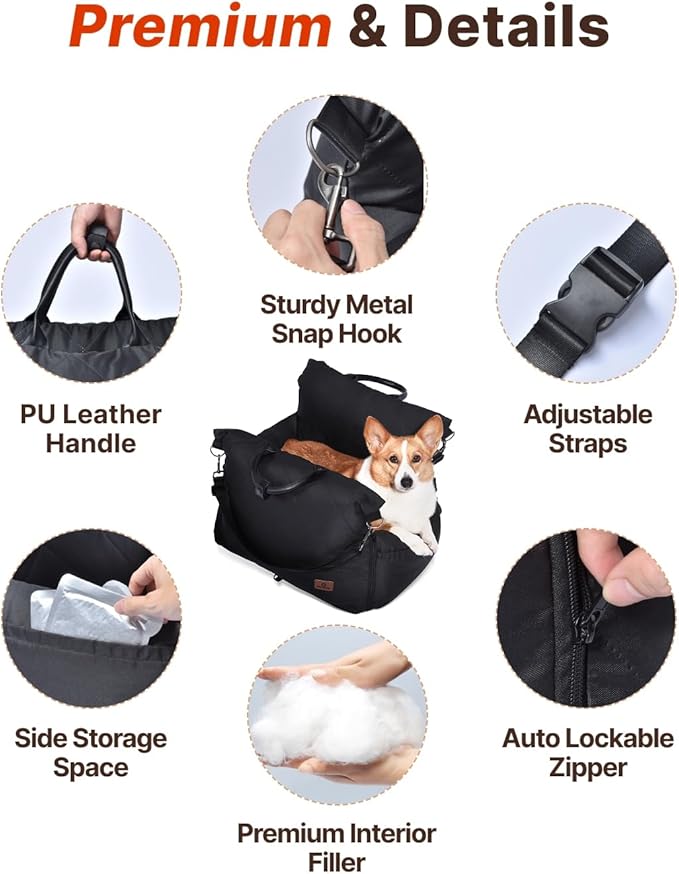 PET MARVEL Dog Car Seat for Small Dogs Up to 25 lbs, Pet Booster Seat & Travel Carrier with Safety Leash and Thick Cushion, Fully Detachable Washable Pet Bag with Storage Pocket, Portable, Black