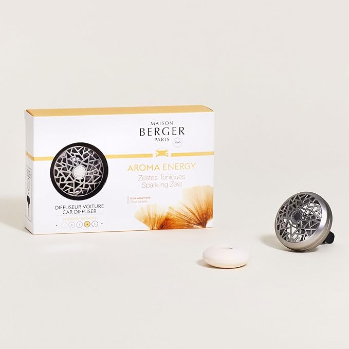 Maison Berger Car Diffuser Set – Refillable Vent Clip, Ceramic Refill, Made in France - Luxury Auto Scent - 4-Week Diffusion - Elegant Air Freshener for All Car Vents (Aroma Energy)