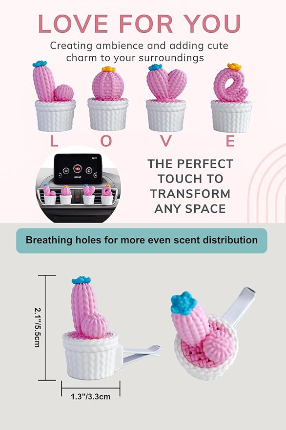 Cute LOVE Cactus Air Vent Decorations, Car Air Freshener Vent Clip with Aroma Pad, 4 Pack Vent Clips Accessories for Women Car Decor Gifts (Pink LOVE, Tasteless)