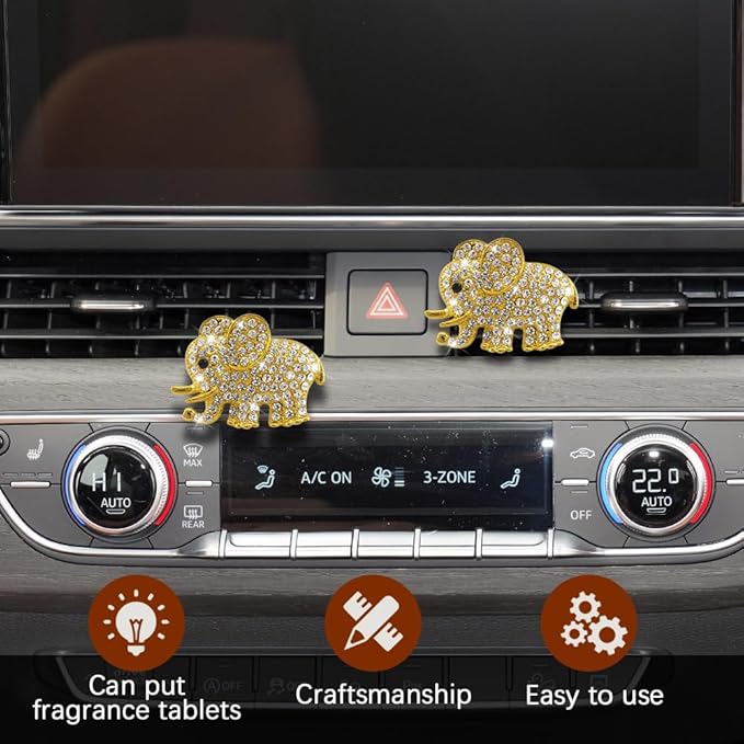 2PCS Elephant-Shaped Car Vent Clips with Rhinestone, Car Vent Accessories, Elephant Design Auto Air Freshener Diffuser, Rhinestone Air Conditioner Outlet Clips for Women Girls (Gold, Elephant)