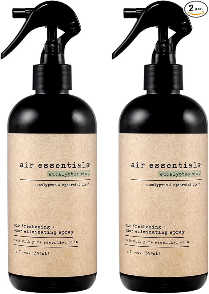 Air Essentials 12 oz Air Freshener & Odor Eliminator Spray - Neutralize Odors from Smoke, Pets, Food & Garbage in Homes, Offices & Cars - Made with Clean Essential Oils (Eucalyptus Mint, 2-Pack)