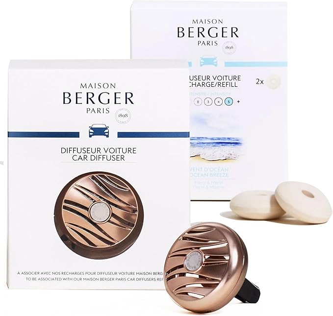MAISON BERGER Luxury Car Air Freshener Bundle – Pink Copper Finish Vent Clip Diffuser + 2 Ocean Breeze Ceramic Pods (4-6 Week Scent), French-Made Refillable System, Adjustable Fragrance