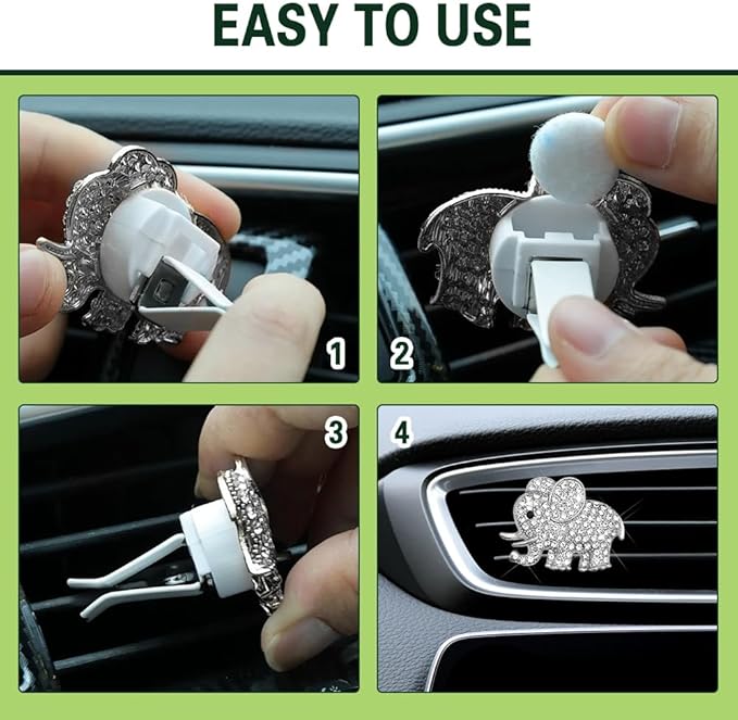 2PCS Car Air Vent Clip, Car Vent Accessories, Crystal Elephant Car Air Fresheners Vent Clips, Rhinestone Air Conditioning Outlet Clip Interior Decoration Universal for Women and Girls (Silver)