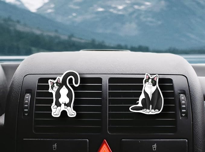 WIRESTER Set of 2 Fresh Scented Car Air Freshener Vent Clip, Decorative Accessories, Interior Decoration for Cars - Playful Tuxedo Cat (S1) & Playful Tuxedo Cat (S4)