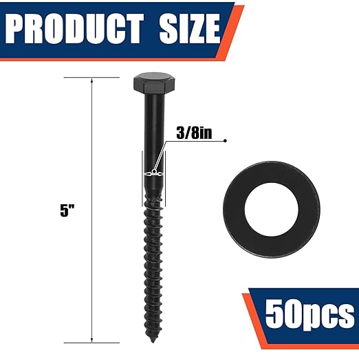 Tandefio 50 Pack 3/8''x 5'' Ceramic Black Lag Screw Kit with Washers Hex Lag Bolts Wood Screws Heavy Duty Hot Dip Galvanized Double Layer for Wood Decks Fences