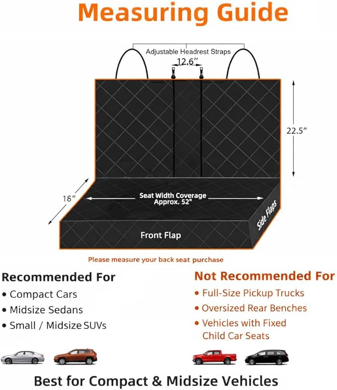 Dog Car Seat Cover for Back Seat, Waterproof Bench Backseat Protector, Nonslip Rear Seat Cover for Kids & Pets, Compatible with Middle Armrests, Fits Most Cars & Midsize SUVs
