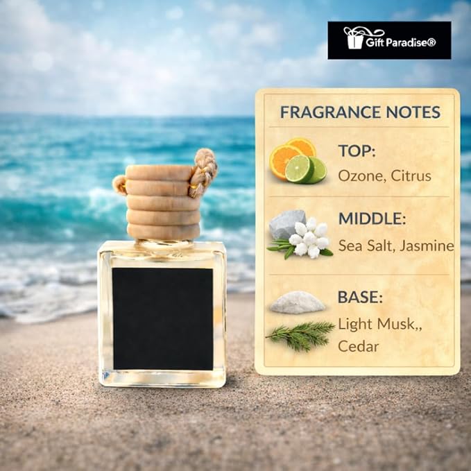 Gift Paradise® Car Air Freshener with Wooden Box – High Tide Scent | Hanging Diffuser for Car, Home & Office | Set of 3 Pre-Filled 10 ml Bottles with Velvet Gift Bag | Fresh Coastal Aroma