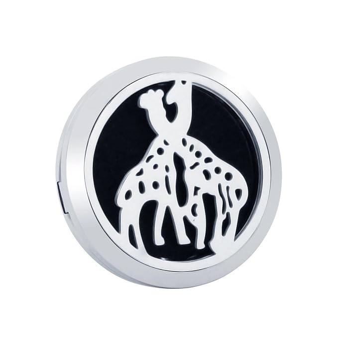 (Giraffes) 30mm Car Aromatherapy Essential Oil Diffuse Stainless Steel Locket Air Freshener with Vent Clip 7 Pads 1 Oil Included