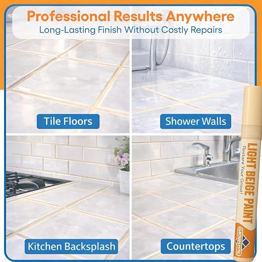 Light Beige Grout Paint Pen Tile Grout Colorant & Sealer Marker, Quick-Dry, Ideal for Bathroom, Shower, Kitchen Tiles Restores Grout Lines, 3 Adjustable Tips (2-3 mm) 2 Pack