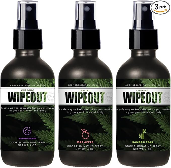 Chronic Wipeout Smoke Smell Eliminator for Home, Cars, Clothes, & More | Smoke Odor Eliminating Spray for All Kinds of Strong Smoke Gifts for Smokers - Apple, Bamboo Teak, & Sugar Cookie 3 Pack - 4 oz