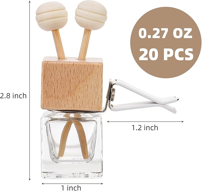 20 Pack Car Diffuser Bottles Empty, Essential Oil Diffuser Bottle with Vent Clip, Clear Glass Perfume Bottle, Wooden Cap Aromatherapy Car Air Freshener Diffuser for Auto Fragrance, Cars Decor