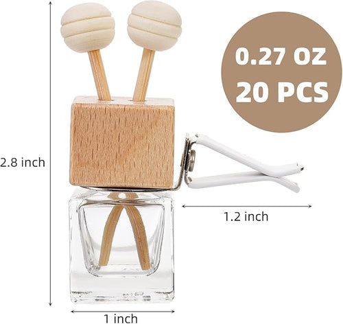 20 Pack Car Diffuser Bottles Empty, Essential Oil Diffuser Bottle with Vent Clip, Clear Glass Perfume Bottle, Wooden Cap Aromatherapy Car Air Freshener Diffuser for Auto Fragrance, Cars Decor